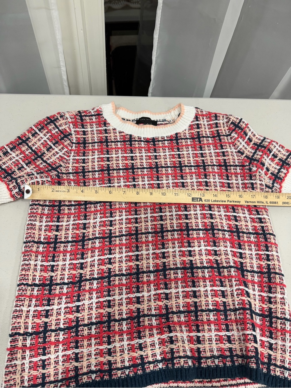 Ann Taylor Tweed Knit Short Sleeve Sweater Top pink Navy Ivory Size M - Picture 5 of 8